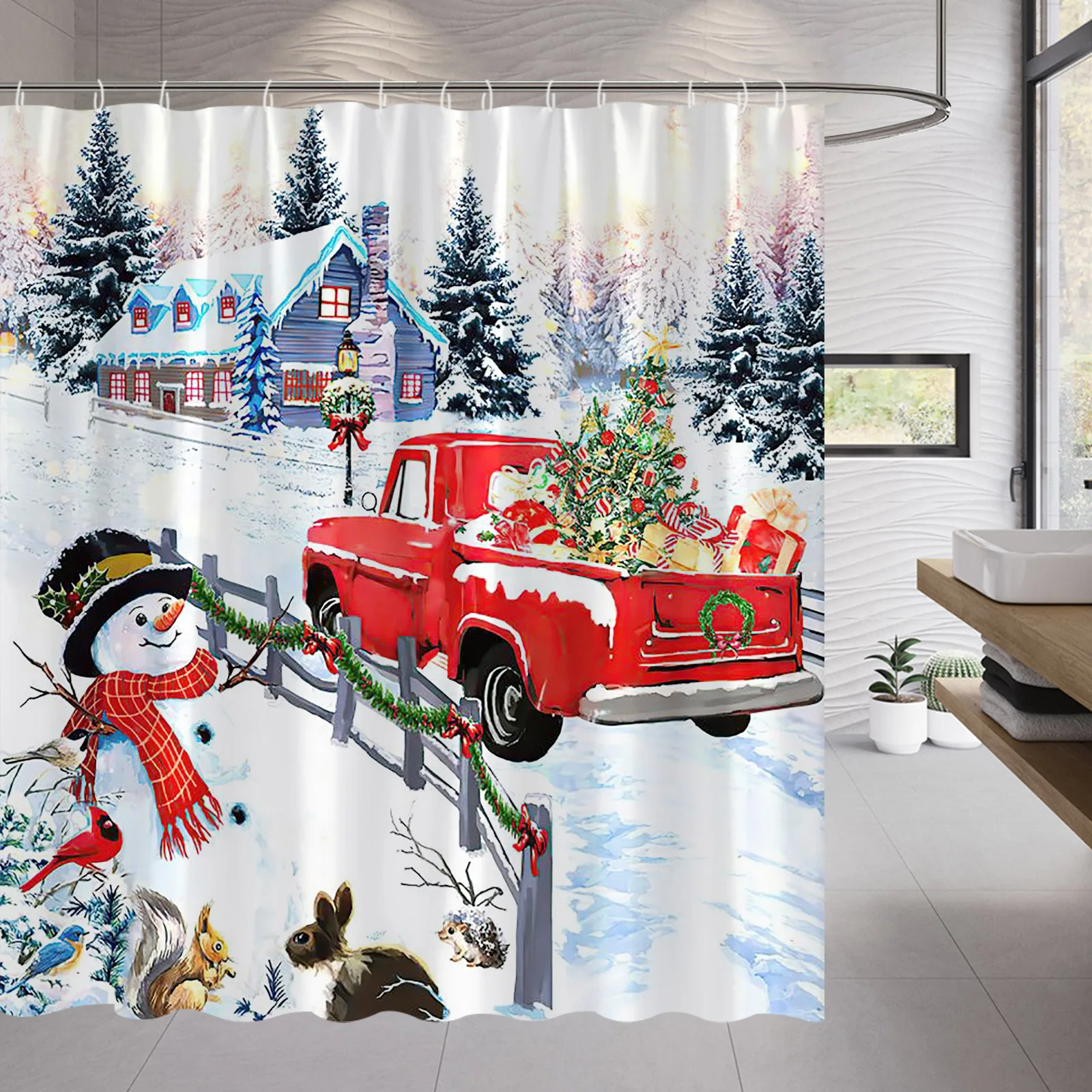 

Рождественская занавеска для душа в фермерском стиле, грузовик с Санта-Клаусом, Рождественская елка, снеговик, декоративная ткань, занавеск...