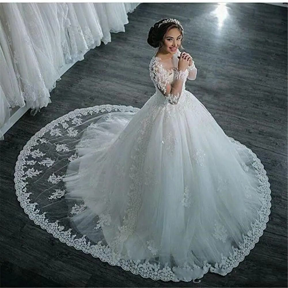 

New Dubai Elegant Long Sleeves A-line Wedding Dresses Sheer Crew Neck Lace Appliques Beaded Vestios De Novia Bridal Gowns 2023