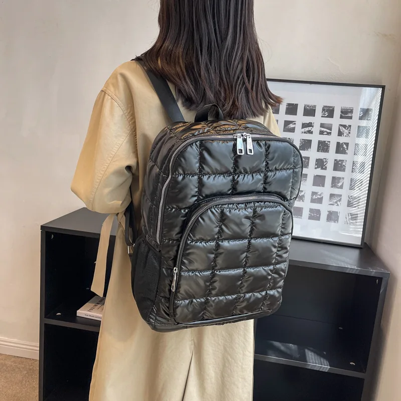 Winter Space Down Women's Backpack Checkered Backpack Large Capacity Schoolbag Quilted Plaid Female School Backpacks Bags Girls