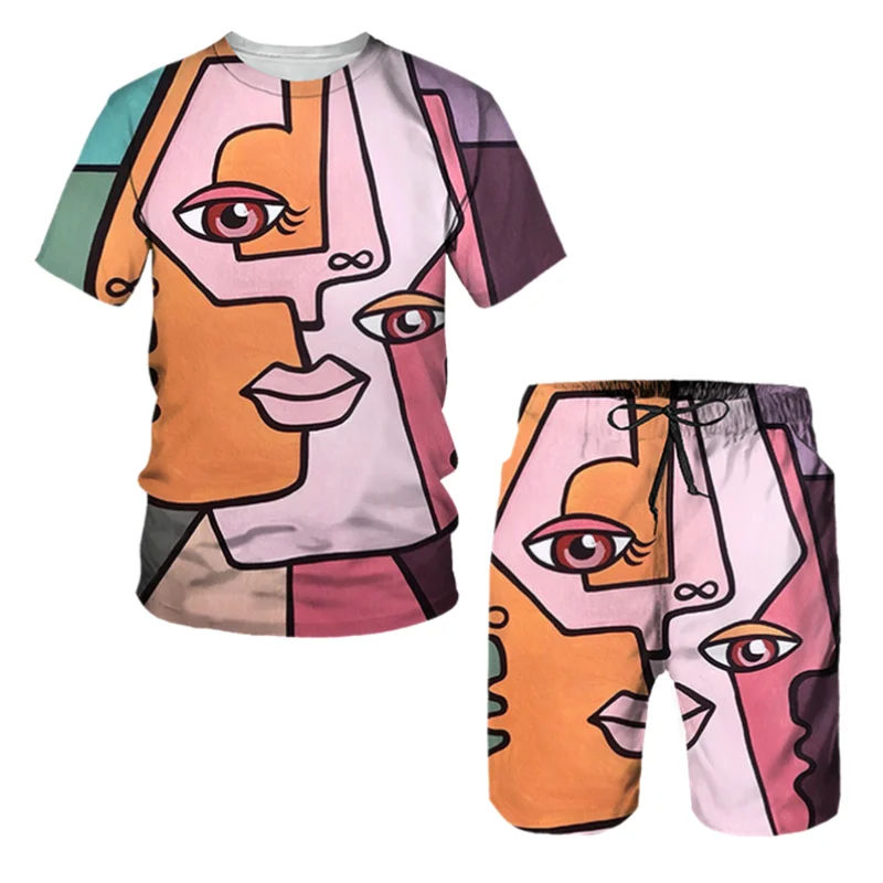 Summer Abstract Portrait Printing Men's T Shirt Loose O-neck Short Sleeve  Casual Comfortable Shorts 2 Piece Outfit Men Clothing