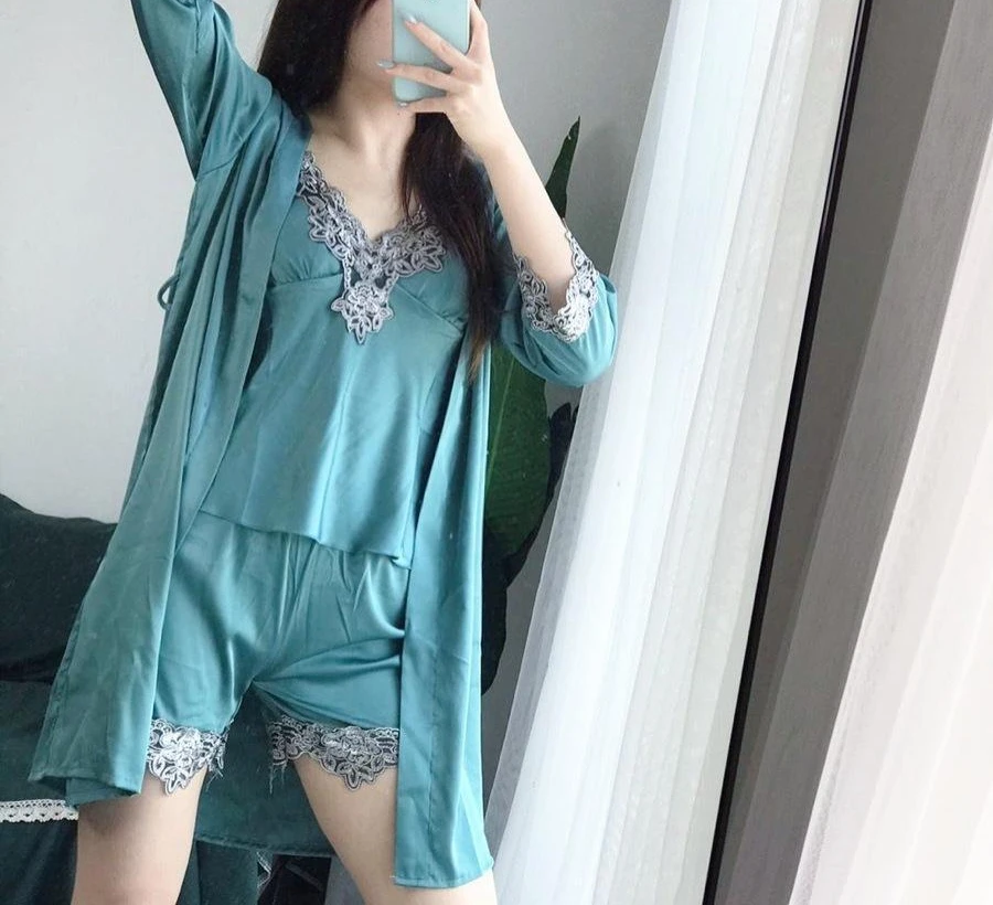 Imitation Silk Pajamas Bathrobe Underwear 5-piece Set Comfort Sexy Women's Household Top Short Pants Skirt Set