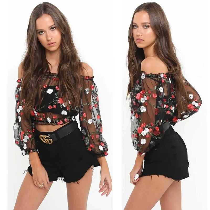

Harajuku Women Gothic T-Shirts Elegantes Embroidery Clothing Top Tshirt De Mujer Women Flowers Lace Off Shoulder Black T Shirt