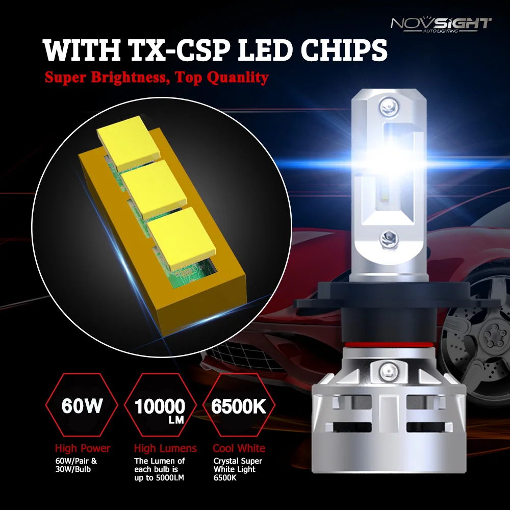 Фото Novsight N9 H7 светодиодный передняя фара H4 светодиодный фары для автомобиля 12V светодиодный H11 6500K 10000LM 60W Автомобильные фары, противотуманные лампы №4