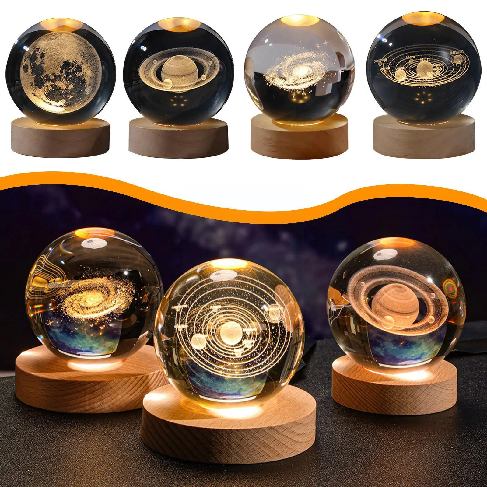 

Unique Glowing Planetary Crystal Ball Night Lights Warm Kid Bedside Power Light Night Lamp Christmas Base Gift Luminous Woo S9T2
