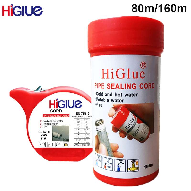 HiGlue 55 Pipe Sealing Cord Thread String Line Pipeline Magic Sealing Rope PTFE Tape For Water Gas Air Leak Fix 80M/160M