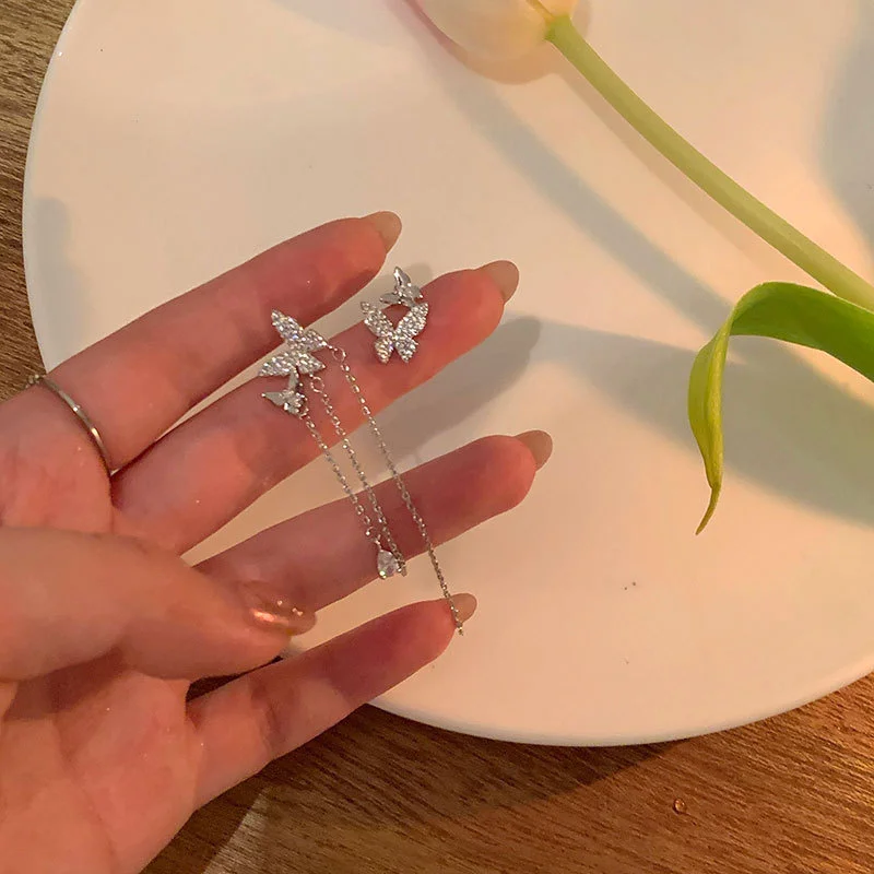 

S925 Silver Needle Asymmetrical Butterfly Tassel Earrings Rhinestone Paved Butterflies Stud Earrings Long Drop Earring Women