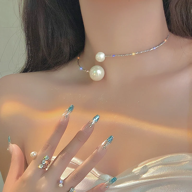 

New Korean Fashion Woman Pearl Open Collar Female Elegant Short Luxury Necklace Personality Zircon Crystal Choker Jewelry Gift