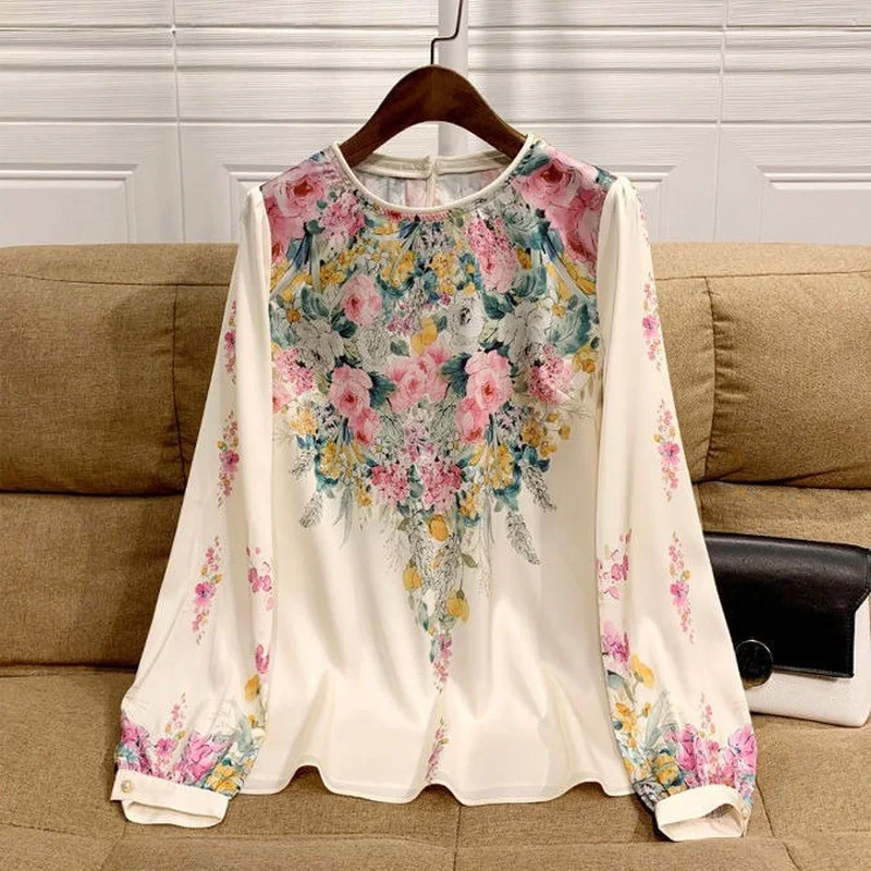 

Блузка женская с круглым вырезом, весна 2023, европейские товары, новинка, шифоновая рубашка с рукавами-фонариками и принтом масляной живописи