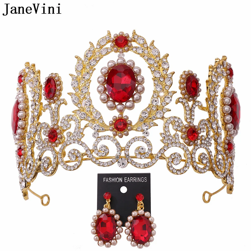 

JaneVini Baroque Queen Bridal Crowns with Earrings Luxury Red Beaded Rhinestones Bride Tiara Party Prom Wedding Hair Accessories