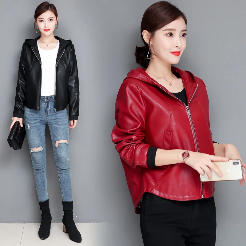 100% genuine real Spring Autumn 2023 Large Size Middle aged Women's Short Haining Garment Slim Versatile Leather Jacket Hoodie