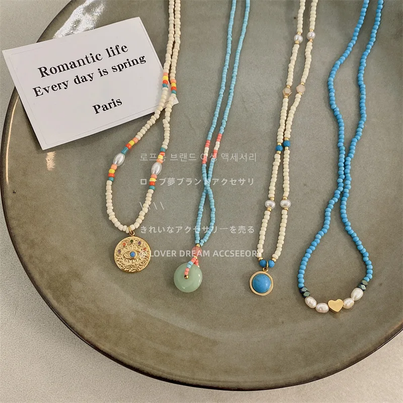 

French New Retro Blue Stone Beaded Freshwater Pearl Necklace Ethnic Style Collarbone Necklaces