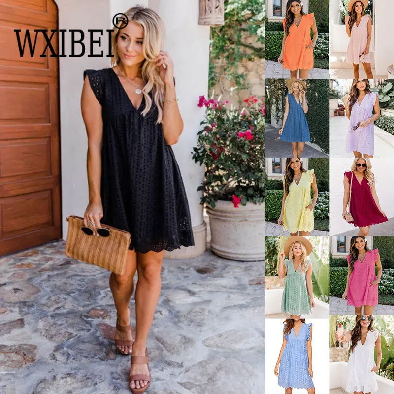 

WXIBEI Women Jacquard Lace Hollow V-neck Dress 2023 Summer New Solid Sleeveless With Pockets Inside Shorts A-line Dresses FC637