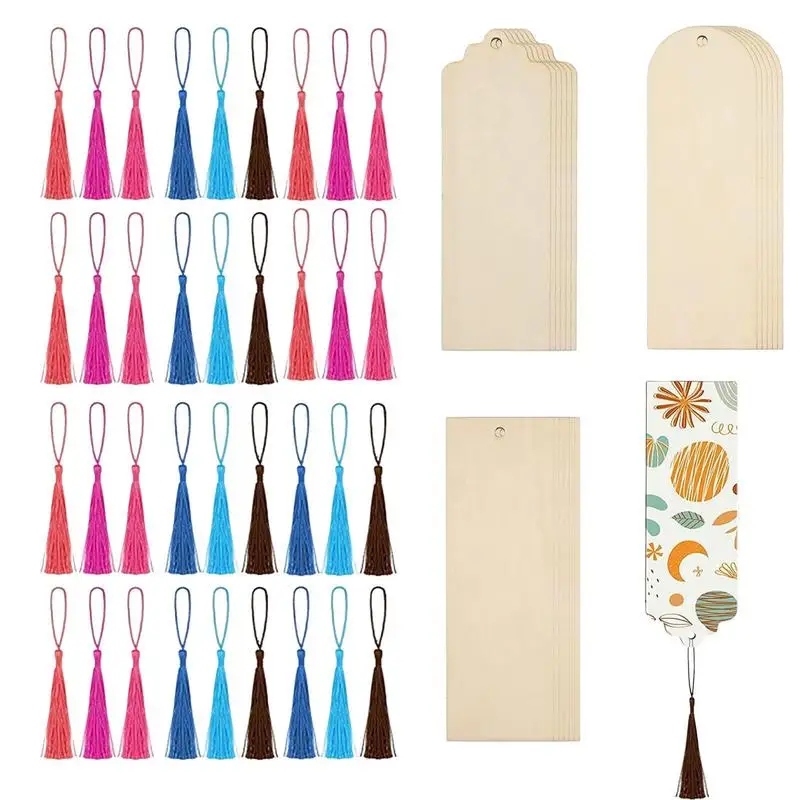 

Wood Bookmarks With Tassels DIY Unfinished Wood Book Marker Tags 36pcs Wood Blanks DIY Wooden Craft Tassels Design For Christmas