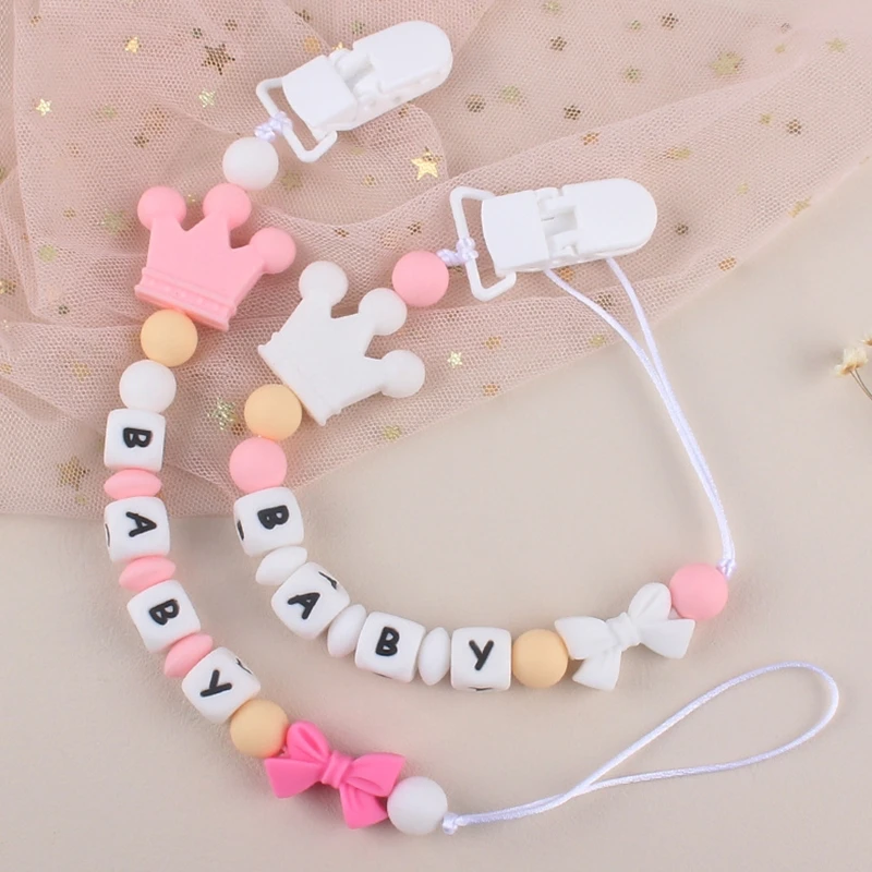 

Baby Pacifier Clip Teething Toy Soothie Holder for Boy Girl Unisex Crown Feeding Bead Clip Chain for Infant 0-6-12 Month