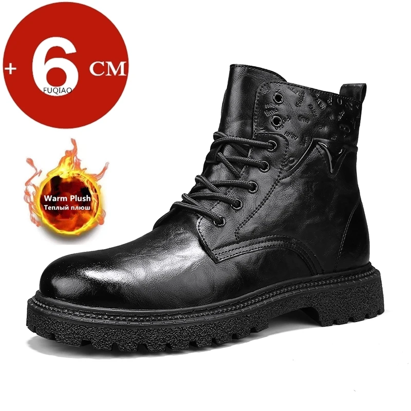Genuine Leather Handmade Men Boots High Top Elevator Shoes Motorcycle Lift Ankle Winter Warm Height Increase