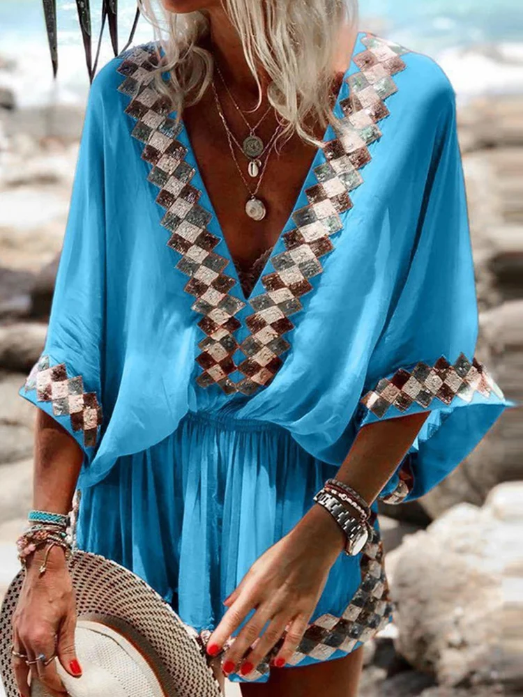 

Women Summer Boho Jumpsuit Sexy V Neck Loose 3/4 Sleeve Ladies Beach Jumpsuit Casual Solid 2022 Shorts Chic Workwear New Lday