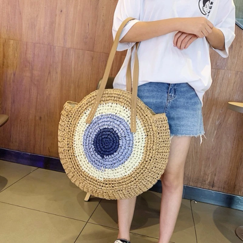 Простая круглая соломенная сумка на одно плечо Ins милый пляжный саквояж ручной