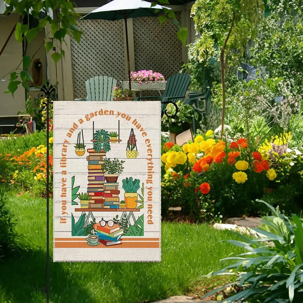 Фото Флаг для сада Hafhue If You Have A Library And A Garden Welcome, 12 x 18 дюймов, двусторонний, для праздников, для улицы, для фермерского дома, для газона, EEZ №2