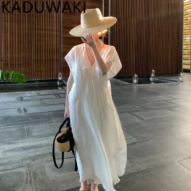 Fashion Solid Color Deep V-Neck Half Sleeve Kaftan Vestidos Summer Dress Femme Casual Party Sundress Holiday Loose Robe 2023