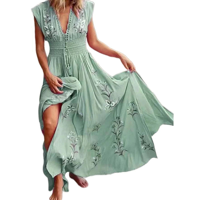 

Women Sleeve Sexy Deep V-Neck Maxi Long Swing Dress Floral Print Shirred Drawstring Waist Pleated Flowy Sundress