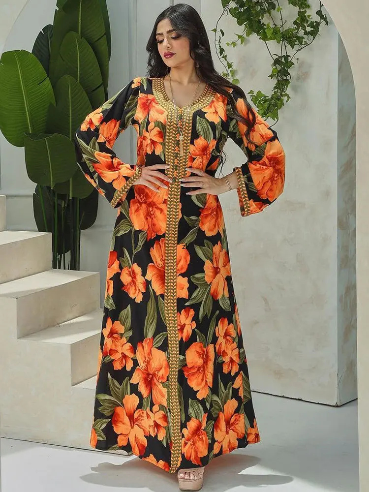 Braided Trim Dress Floral Abaya Women Muslim Arabic Long Dresses Saudi Gulf Robe Black Orange Dubai Modest Abayas Jalabiya