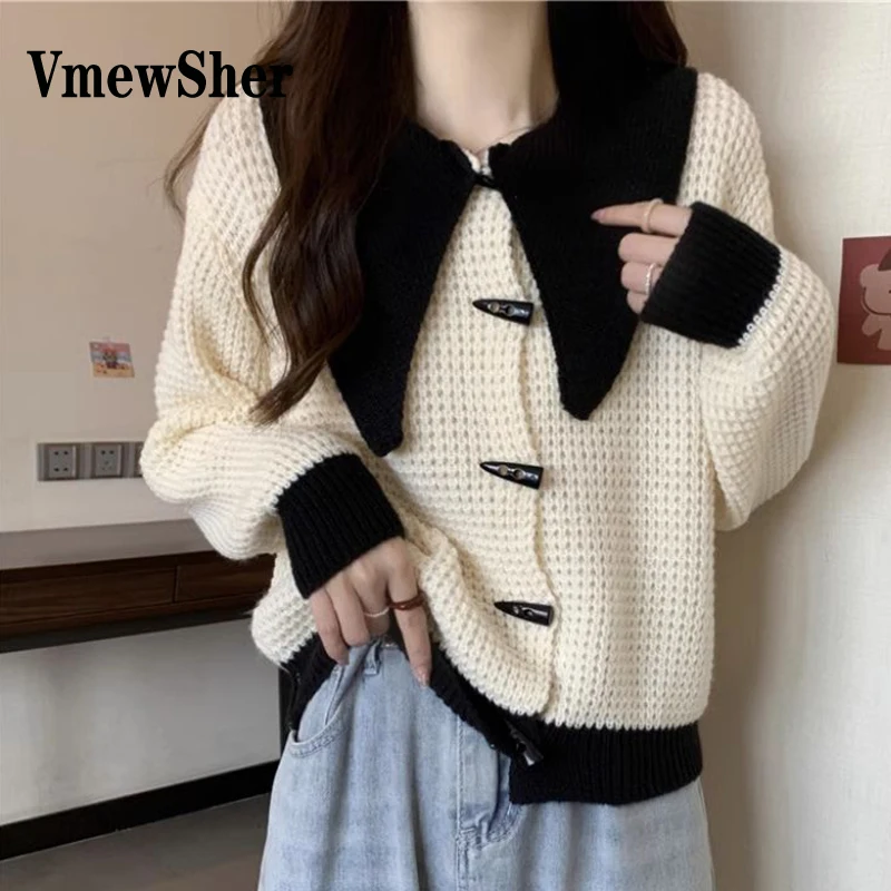 

VmewSher Chic Peter Pan Collar Sweater Cardigan Women Autumn Long Sleeve Knit Single Breasted Outerwear New Short Knitwear Top
