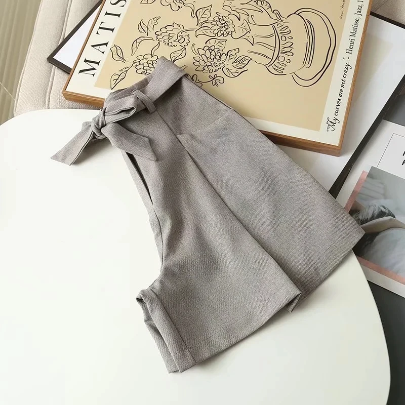 Maxdutti High Waist Loose Linen Shorts England Style Fashion Simple Sashes Casual Bermuda Women