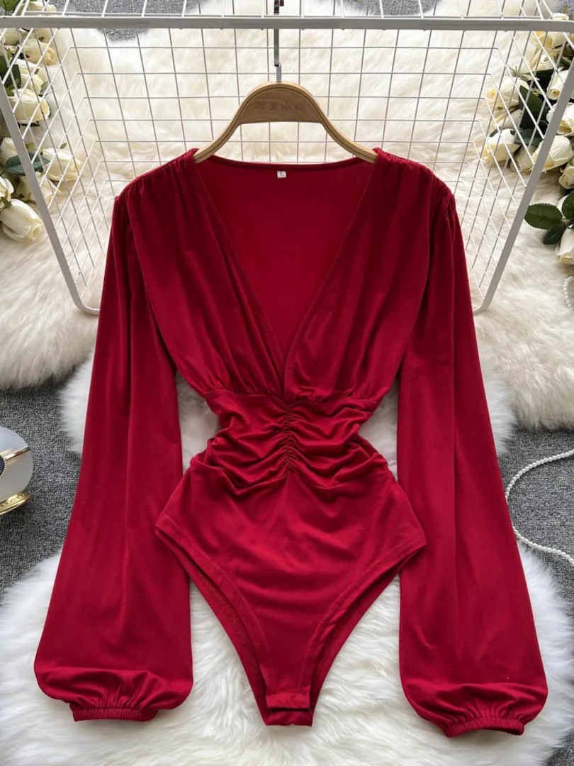 

Crotch T-shirt high fork Jumpsuit women's spring new design sexy spice girl pure desire style long sleeve pleated top