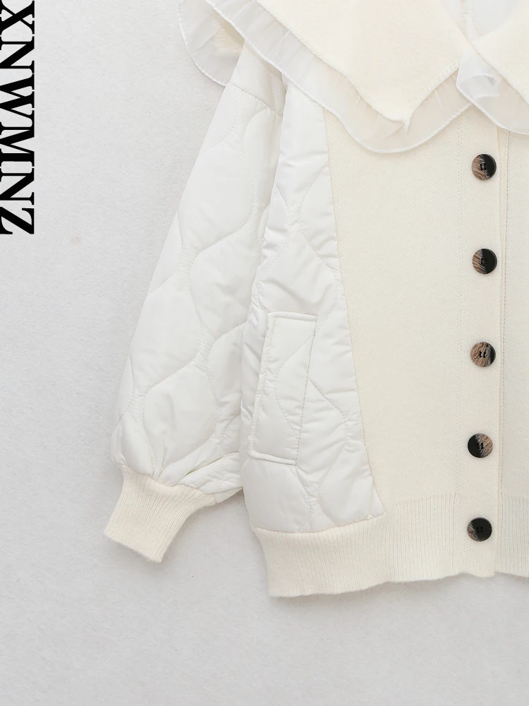 XNWMNZ Women Fashion Winter Warm Knitted Patch Padded Jacket Coat Woman Vintage Lapel Long Sleeve Pocket Female Chic Outerwear