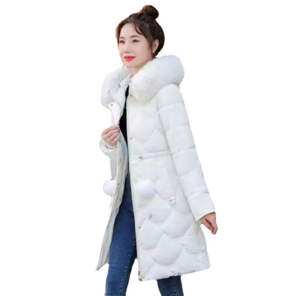 New winter Korean version Slim fit Fashion Medium long down cotton jacket Women's warm big fur collar waist closing cotton