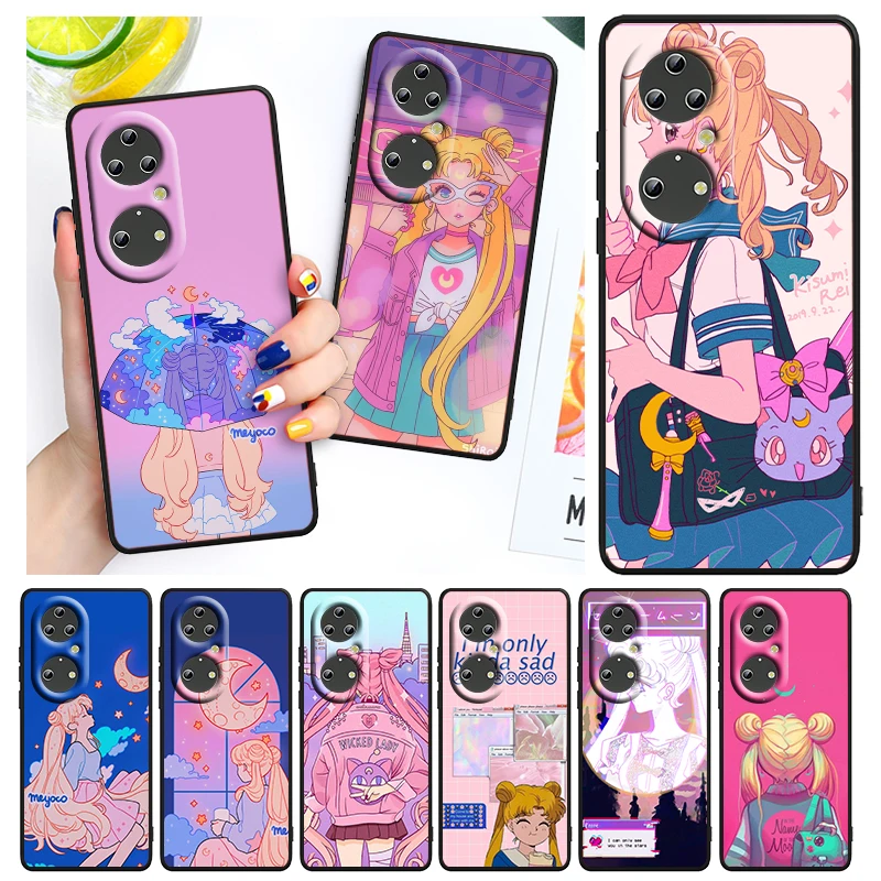 

Cute Sailor Moon Girl For Huawei P50 P40 P30 P20 Lite 5G Pro Nova 5T Y9S Y9 Prime Y6 2019 Black Soft TPU Cover Phone Case