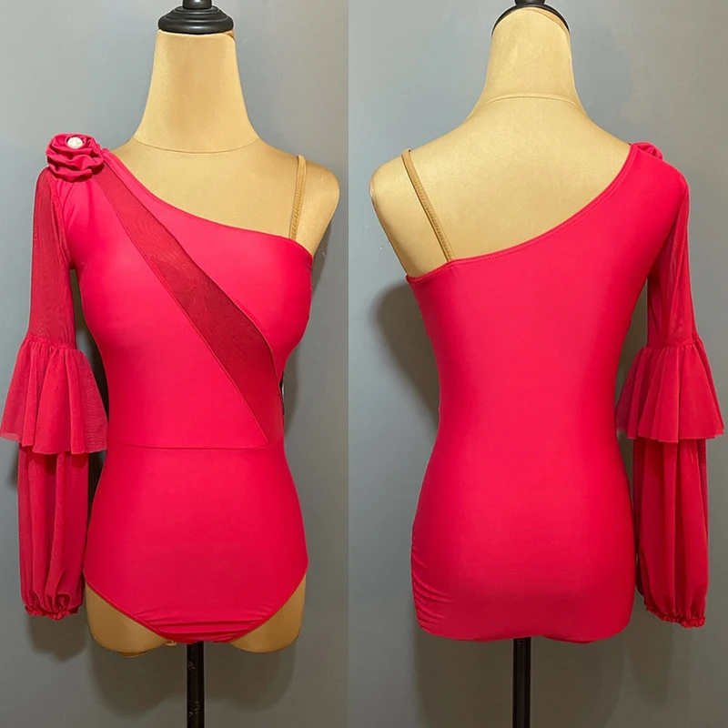 

Red Ballroom Dance Tops Off Shoulder Lantern Sleeve Bodysuit Tango Dancewear Latin Practice Wear Prom Waltz Dancewear DL10537