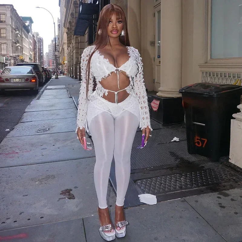 

Sexy Letter Hollow Out Lace Mesh 2 Piece Set Women Long Sleeve Lace Up Crop Top Lace Patchwork Mesh Leggings Pants Clubwear Suit