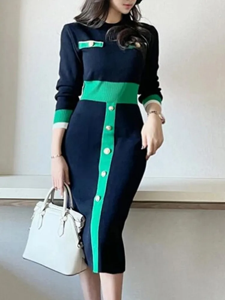 

Женское трикотажное платье в полоску, модельное элегантное платье в стиле пэчворк с длинным рукавом, роскошные Брендовые платья, осень