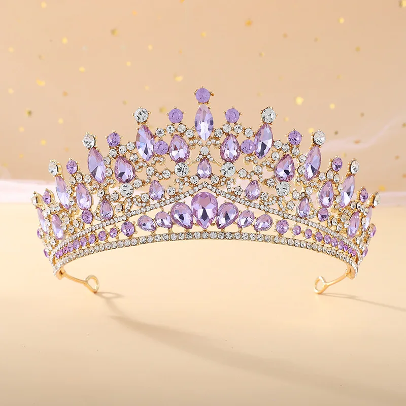 Purple Lilac Pink Crystal Rhinestone Tiara Crowns Queen King Princess Wedding Hair Accessories Bridal Diadems