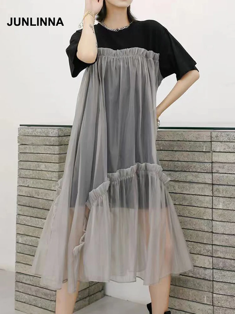 

Женское платье с круглым вырезом JUNLINNA, летнее трикотажное платье с сетчатыми вставками и коротким рукавом, 2022