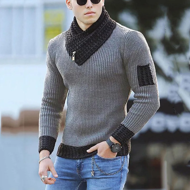 Autumn And Winter New Men's Casual Stitching Knitted Pullover Turtleneck Sweater