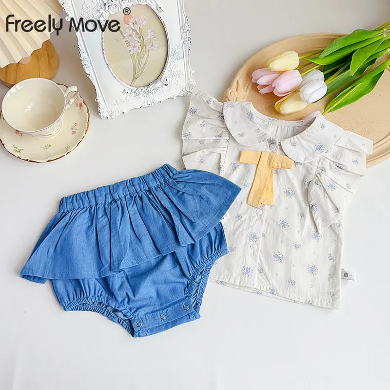 

Новинка 2023, одежда для девочек, детские комплекты, летний цветочный Детский комплект для девочек, футболка без рукавов с оборками + комбинезон, юбка, комплект из 2 предметов