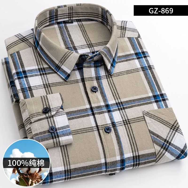 2023 New 100% Cotton Sanding Fabric  Men Casual Plaid Flannel Shirt Long-Sleeved Vintage Shirt Men's with Pocket