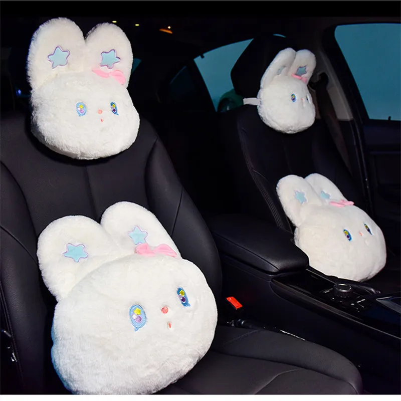 

Cute Car Headrest Cartoon Universal Plush Star Rabbit Head Kawaii Car Lumbar Support Car Head Cushion Pillow for Girl Woman Lady