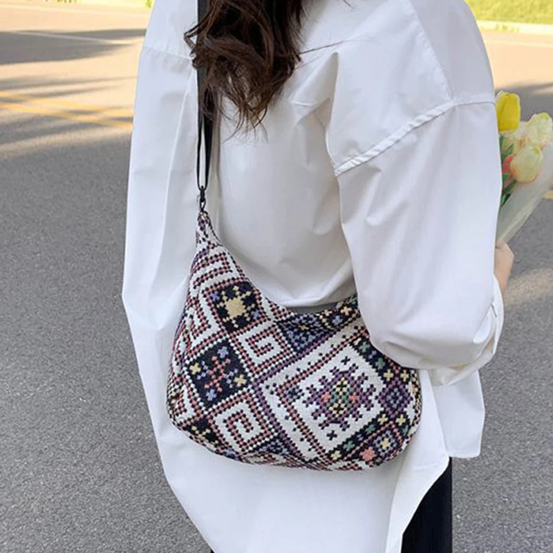 Холщовая сумка-хобо на плечо с геометрическим узором модные вместительные