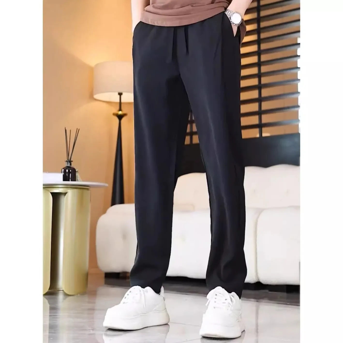 Универсальные однотонные повседневные брюки из ледяного шелка мужские летние