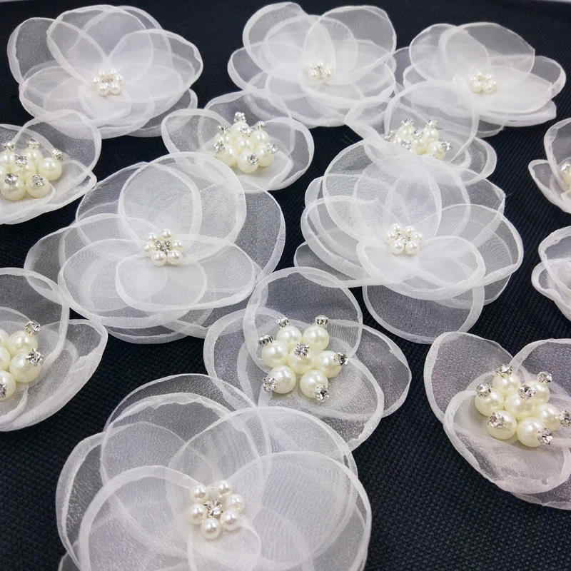 

2 pcs Gauze Layered Flowe Rhinestones And Pearls For Hair Fabric Flowers For Headbands DIY jewelry Wedding Dress Accessories