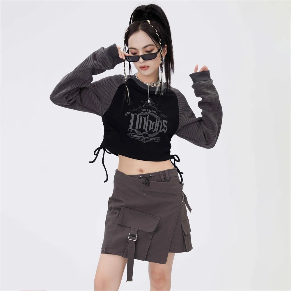 

New Women Spring Autumn Short T-shirt Long Sleeve Street Clothes Letter Printing Irregular Splice Pullover Fashion Sweatshirts