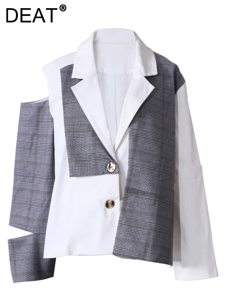 

DEAT Fashion Women Blazer Notched Collar Single Button Plaid Patchwork Contrast Color Suit Jackets Spring 2023 New 1DE9961