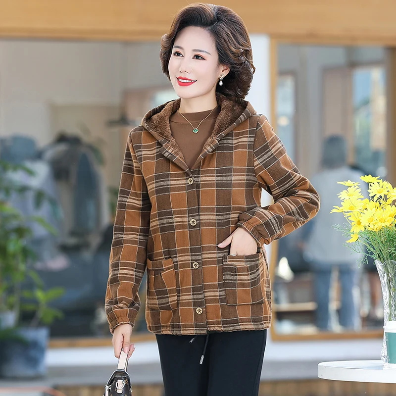 Middle-aged Elderly Women's Coat Winter Jackets Thin Light Warm Plus Velvet Cotton Linen Lattice Jacket Outwear Mother Outwear