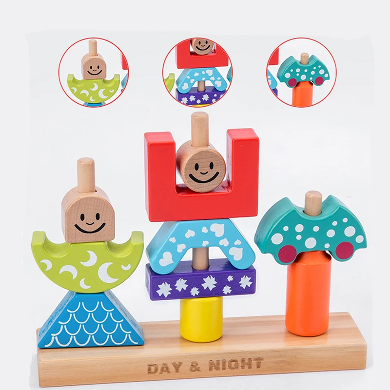 

Educational Wooden Toy Sun & Moon Day & Night Pillar Bulding Blocks Early Learning Baby Kids Birthday Gift Preschool Toys