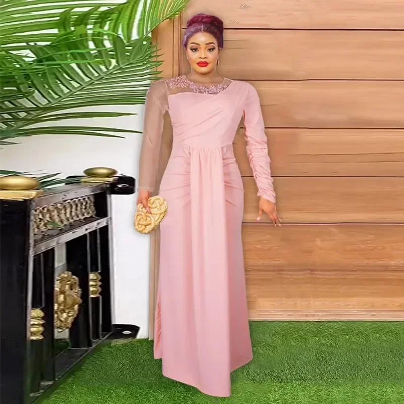 

African Wedding Party Long Dresses for Women Elegant Long Sleeve Mermaid Evening Dinner Robe Slim Lady Clothes African Clothing