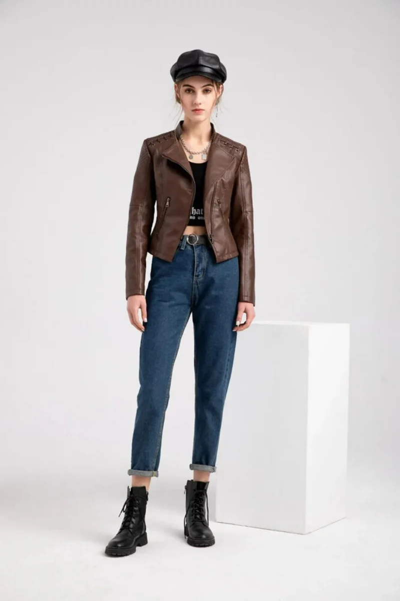 Lambskin Leather Jacket for Women Biker Brown Leather Coat Real Leather Jacket Women