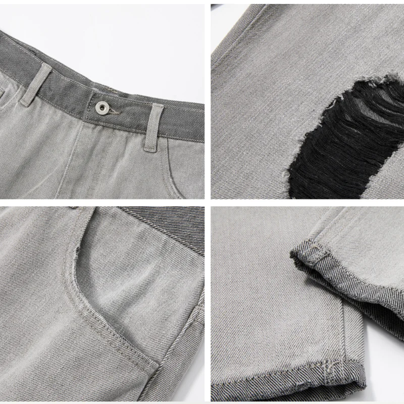 DEEPTOWN Y2K Ripped Jeans Men Trousers Male Hole Straight Denim Pants Fashion Hip Hop Streetwear Black Loose Casual Gray Spring